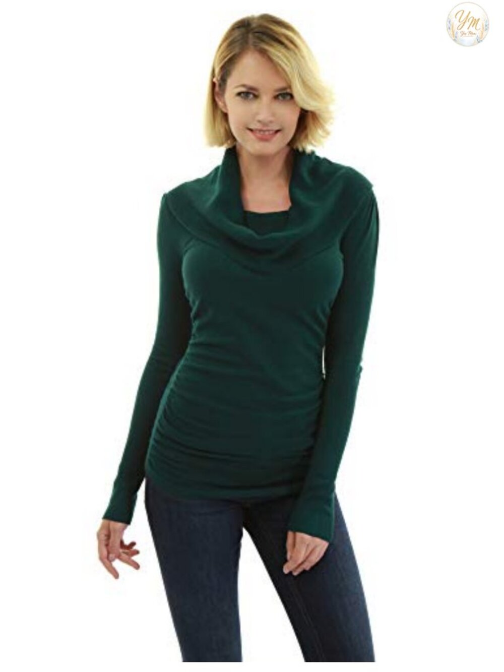 Women's Slim Fit Cowl Neck Long Sleeve Tunic Sweater Viscose Blend Ruched